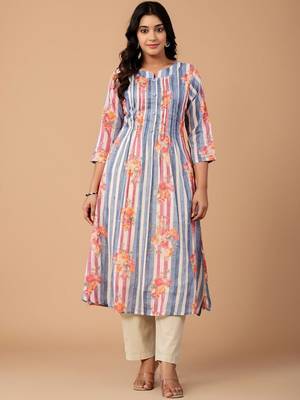 Striped Pure Cotton A Line Kurta With Trousers 4