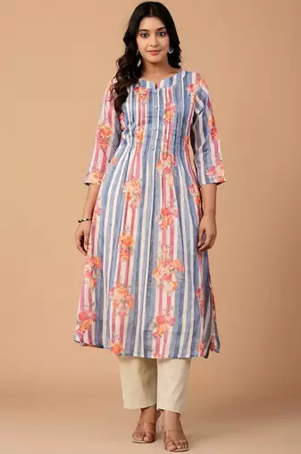 Striped Pure Cotton A Line Kurta With Trousers