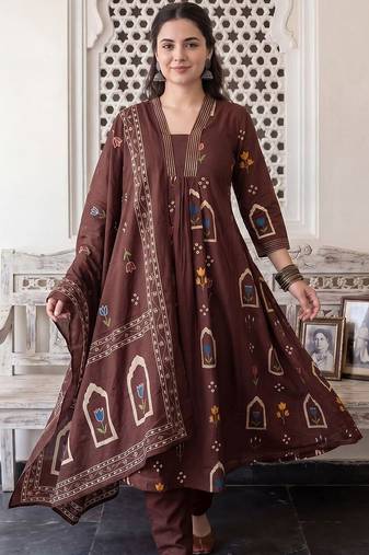Women Floral Printed Regular Pure Cotton Kurta with Trousers & With Dupatta