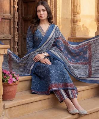 Women Floral Printed Regular Pure Cotton Kurta with Trousers & With Dupatta 1