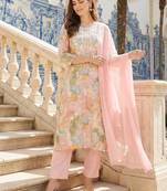 Women Floral Printed Regular Thread Work Kurta with Trousers & With Dupatta
