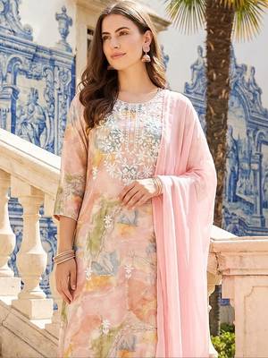 Women Floral Printed Regular Thread Work Kurta with Trousers & With Dupatta 4