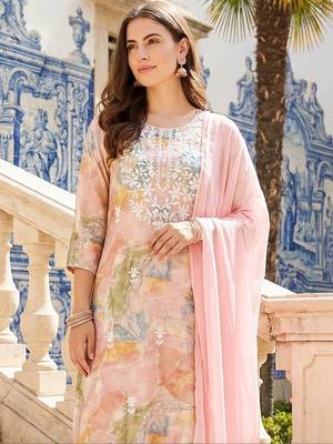 Women Printed Regular Thread Work Kurta with Trousers & With Dupatta 4