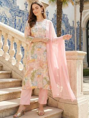 Women Printed Regular Thread Work Kurta with Trousers & With Dupatta 5