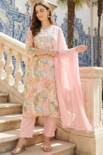 Women Printed Regular Thread Work Kurta with Trousers & With Dupatta