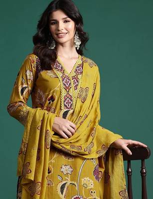 Ethnic Motifs Printed Sequinned Pure Cotton Kurta With Trousers & Dupatta 1