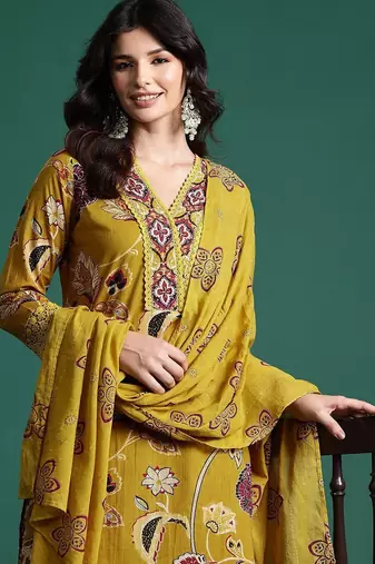 Ethnic Motifs Printed Sequinned Pure Cotton Kurta With Trousers & Dupatta