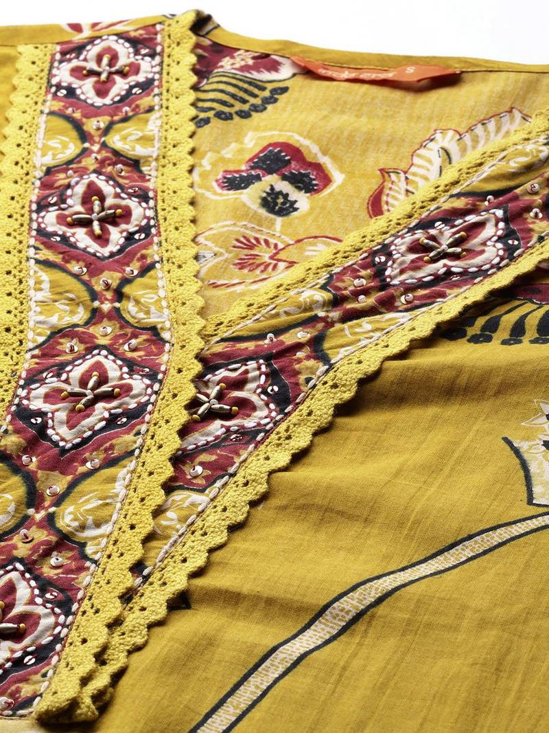 Ethnic Motifs Printed Sequinned Pure Cotton Kurta With Trousers & Dupatta