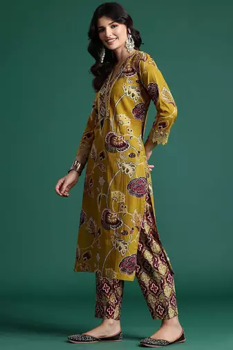 Ethnic Motifs Printed Sequinned Pure Cotton Kurta With Trousers & Dupatta