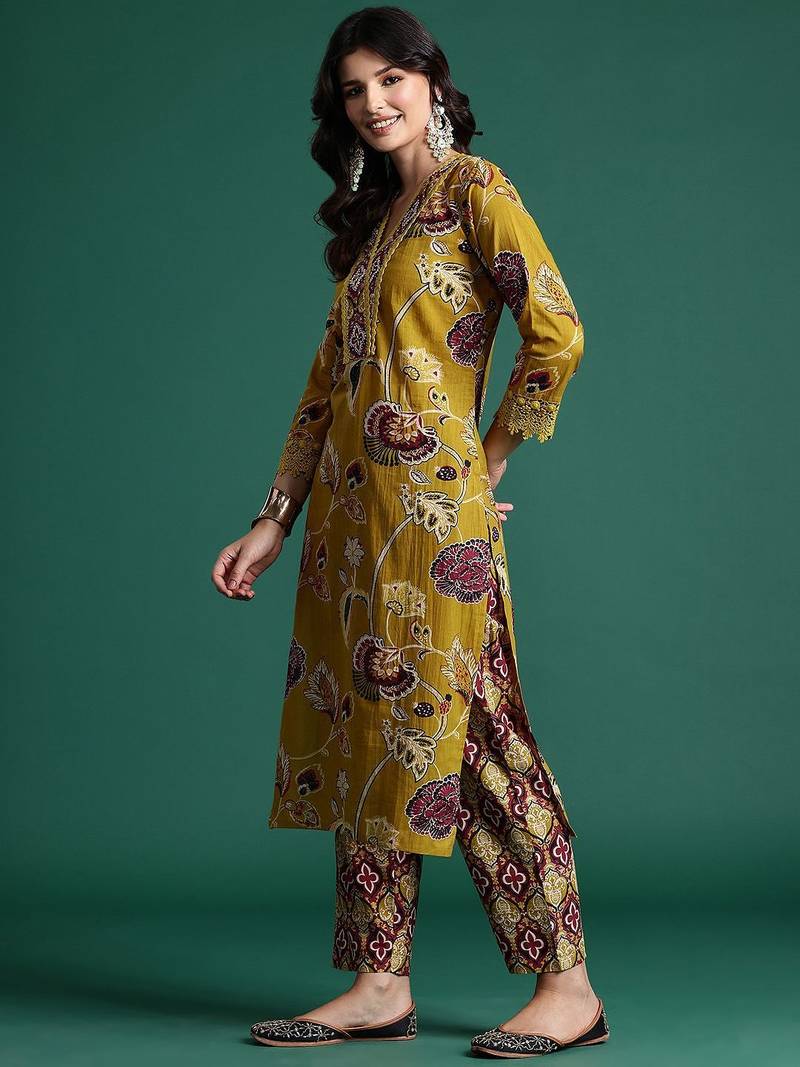 Ethnic Motifs Printed Sequinned Pure Cotton Kurta With Trousers & Dupatta