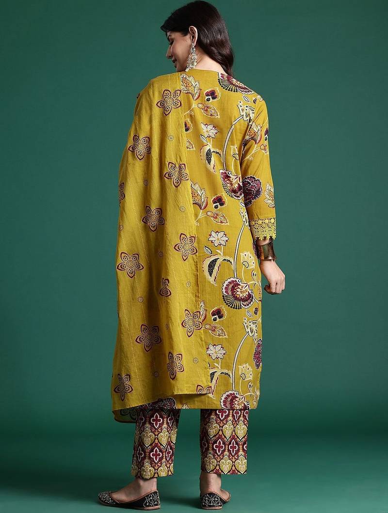 Ethnic Motifs Printed Sequinned Pure Cotton Kurta With Trousers & Dupatta