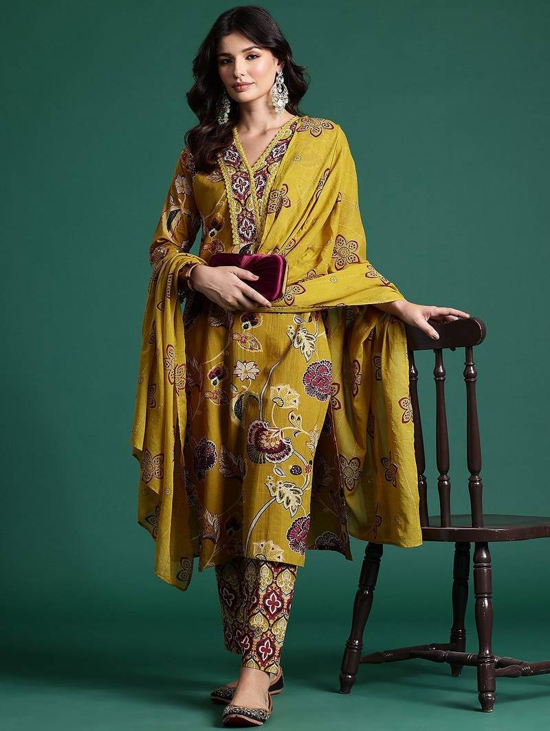 Ethnic Motifs Printed Sequinned Pure Cotton Kurta With Trousers & Dupatta