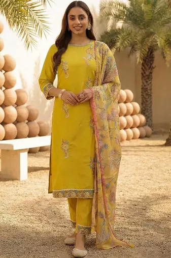 Women Floral Embroidered Regular Sequinned Kurta with Trousers & With Dupatta