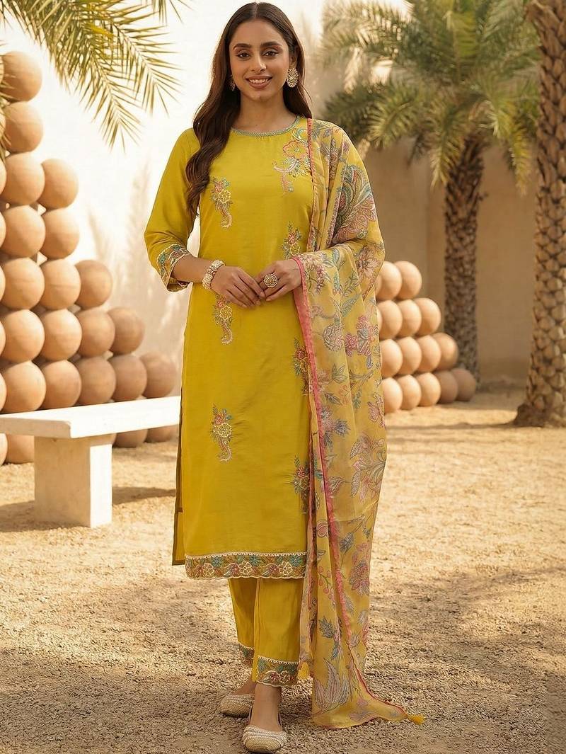 Women Floral Embroidered Regular Sequinned Kurta with Trousers & With Dupatta