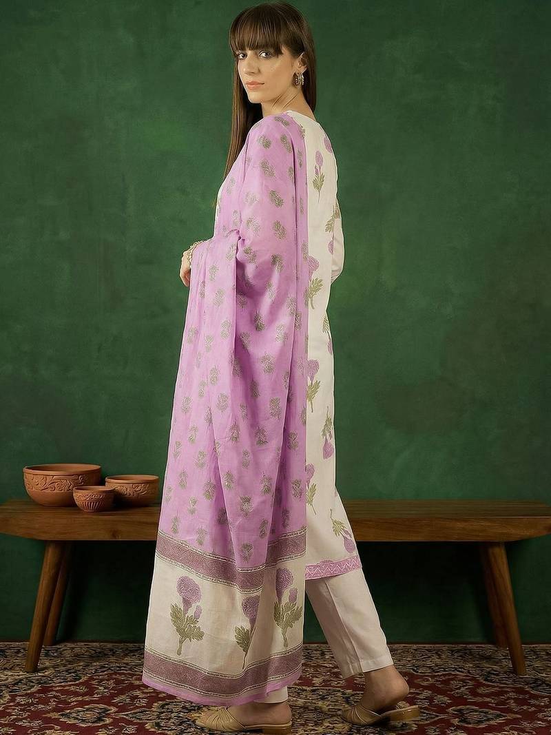 Women Floral Printed Regular Thread Work Pure Cotton Kurta with Trousers & With Dupatta