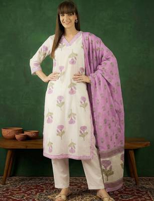 Women Floral Printed Regular Thread Work Pure Cotton Kurta with Trousers & With Dupatta 6