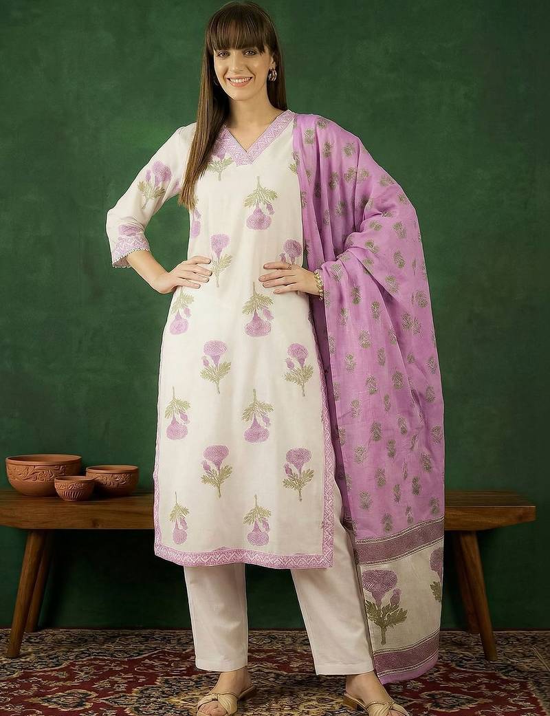 Women Floral Printed Regular Thread Work Pure Cotton Kurta with Trousers & With Dupatta