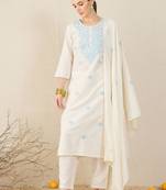 Women Floral Embroidered Cotton Kurta with Trousers & Dupatta
