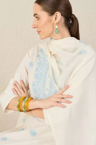 Women Floral Embroidered Cotton Kurta with Trousers & Dupatta