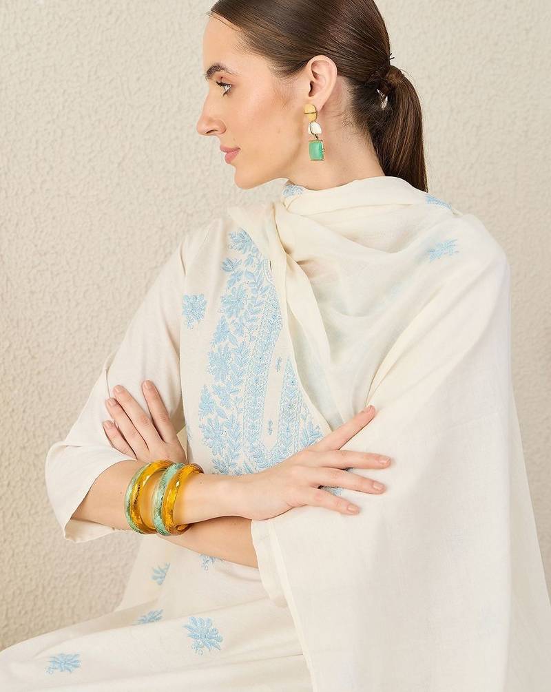 Women Floral Embroidered Cotton Kurta with Trousers & Dupatta