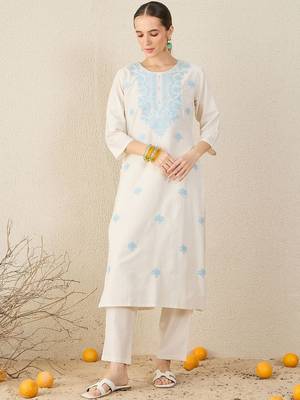 Women Floral Embroidered Cotton Kurta with Trousers & Dupatta 6