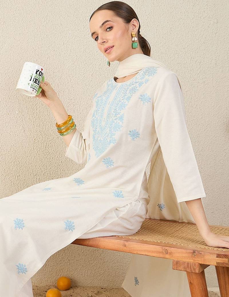 Women Floral Embroidered Cotton Kurta with Trousers & Dupatta