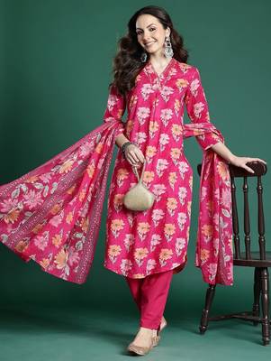 Floral Printed Pure Cotton Kurta with Trousers & Dupatta 1