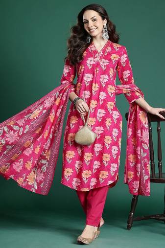 Floral Printed  Cotton Kurta with Trousers & Dupatta