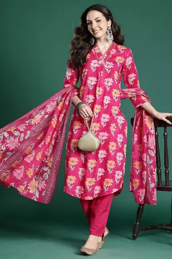 Floral Printed Pure Cotton Kurta with Trousers & Dupatta