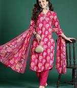 Floral Printed Pure Cotton Kurta with Trousers & Dupatta