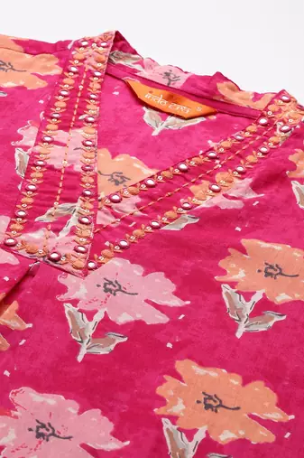 Floral Printed Pure Cotton Kurta with Trousers & Dupatta