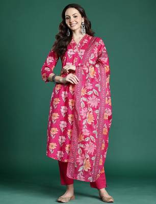 Floral Printed Pure Cotton Kurta with Trousers & Dupatta 5