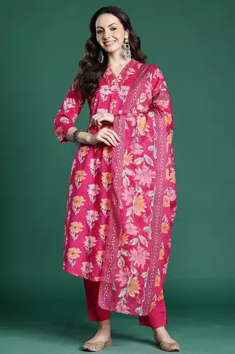 Floral Printed Pure Cotton Kurta with Trousers & Dupatta