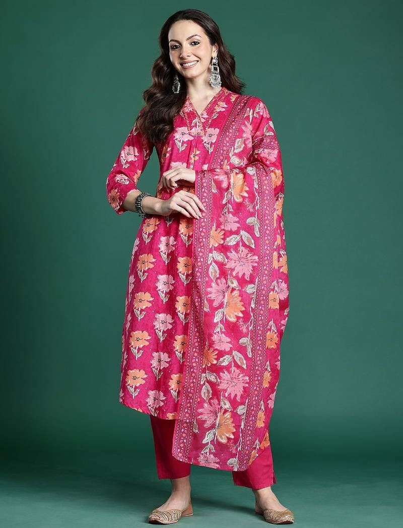 Floral Printed Pure Cotton Kurta with Trousers & Dupatta