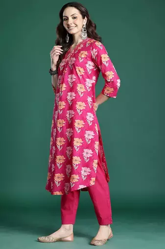 Floral Printed Pure Cotton Kurta with Trousers & Dupatta