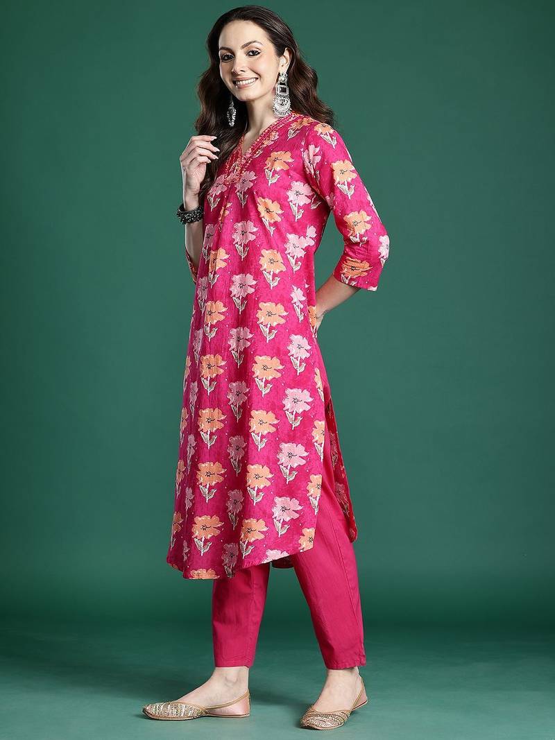 Floral Printed Pure Cotton Kurta with Trousers & Dupatta