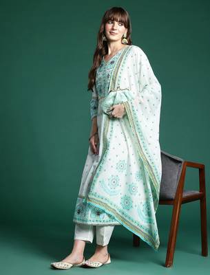 Women Ethnic Motifs Printed Sequinned Pure Cotton Kurta With Trousers & Dupatta 1