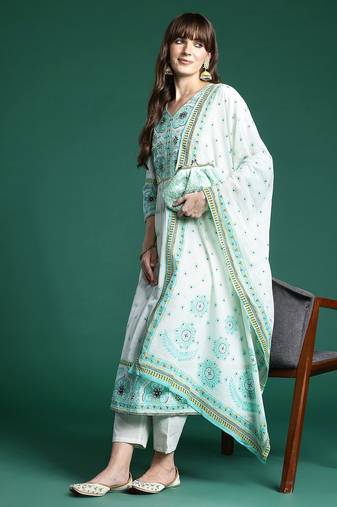 Women Ethnic Motifs Printed Sequinned  Cotton Kurta With Trousers & Dupatta