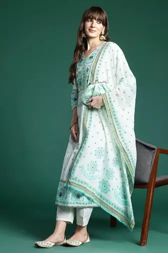Women Ethnic Motifs Printed Sequinned Pure Cotton Kurta With Trousers & Dupatta