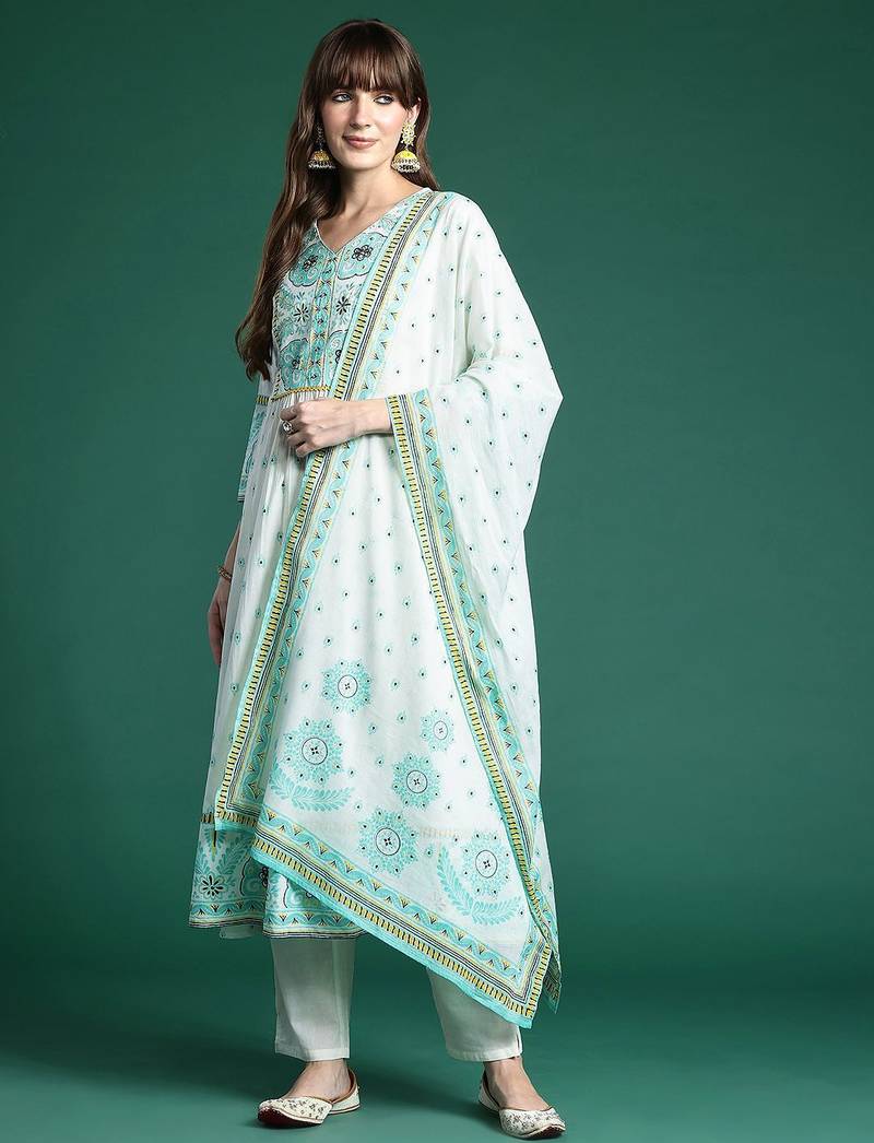 Women Ethnic Motifs Printed Sequinned Pure Cotton Kurta With Trousers & Dupatta