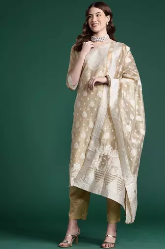 Woven Design Kurta With Trousers & Dupatta
