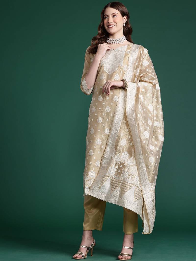 Woven Design Kurta With Trousers & Dupatta