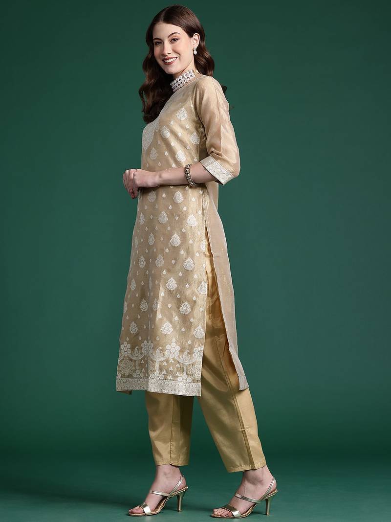 Woven Design Kurta With Trousers & Dupatta