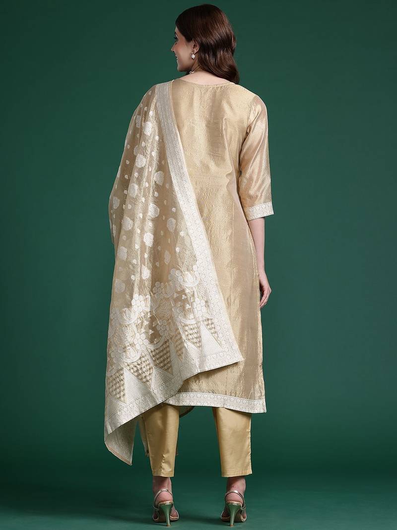Woven Design Kurta With Trousers & Dupatta
