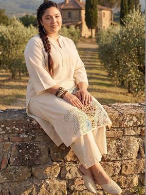 Plus Size Off White Embroidered A-Line Kurta Trousers Set 1