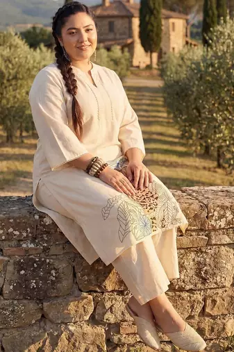 Plus Size Off White Embroidered A-Line Kurta Trousers Set