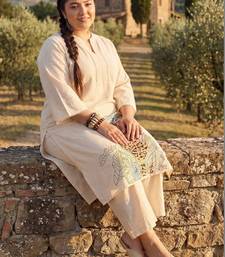 Plus Size Off White Embroidered A-Line Kurta Trousers Set