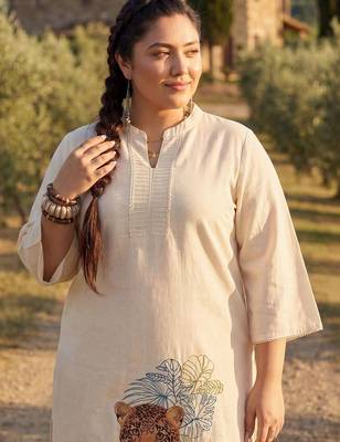 Plus Size Off White Embroidered A-Line Kurta Trousers Set 2