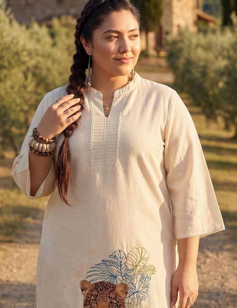 Plus Size Off White Embroidered A-Line Kurta Trousers Set