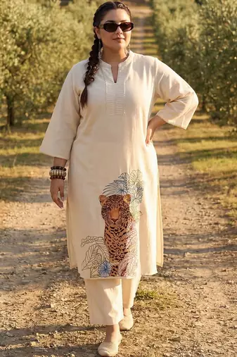 Plus Size Off White Embroidered A-Line Kurta Trousers Set